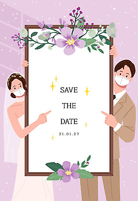 부부 커플 여자 남자 꽃 신부 분홍색 웨딩드레스 액자 신랑 결혼 일러스트 면사포 마스크 들기 정장 턱시도 상반신 성인 두명 가리킴 초대 성인만 웨딩촬영 코로나바이러스 포스트코로나 위드코로나 국내일러스트 AI파일 식물 드레스 옷 컬러 관계 모션 사람 손짓 이벤트 바이러스 사회이슈 결혼소품 기념사진 파일형식 벡터