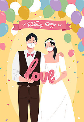 부부 커플 드레스 여자 남자 리본 신부 웨딩드레스 신랑 결혼 일러스트 사랑 마스크 서기 들기 정장 턱시도 상반신 성인 두명 화관 초대 꽃가루 풍선 성인만 어깨에손 웨딩촬영 코로나바이러스 포스트코로나 위드코로나 국내일러스트 AI파일 옷 꽃 감정 관계 모션 사람 이벤트 바이러스 가루 사회이슈 기념사진 파일형식 벡터