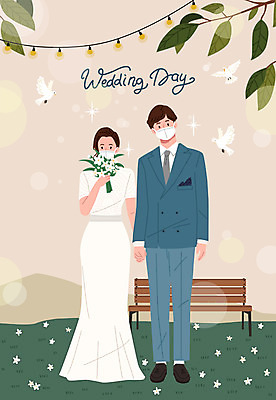전신 부부 커플 여자 남자 꽃 신부 부케 웨딩드레스 신랑 결혼 일러스트 나뭇잎 마스크 서기 들기 정장 턱시도 성인 두명 손잡기 비둘기 초대 성인만 웨딩촬영 코로나바이러스 포스트코로나 위드코로나 국내일러스트 AI파일 식물 드레스 옷 꽃다발 잎 관계 모션 조류 사람 이벤트 바이러스 사회이슈 기념사진 파일형식 벡터