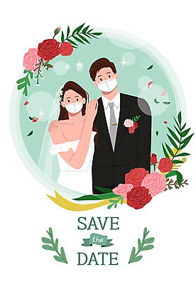 부부 커플 여자 남자 신부 웨딩드레스 신랑 결혼 일러스트 면사포 마스크 정장 턱시도 상반신 성인 두명 장미 초대 성인만 웨딩촬영 코로나바이러스 포스트코로나 위드코로나 국내일러스트 AI파일 드레스 옷 꽃 관계 사람 이벤트 바이러스 사회이슈 결혼소품 기념사진 파일형식 벡터