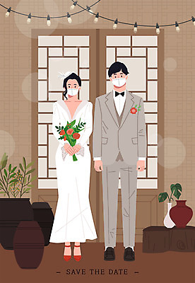 전신 부부 커플 여자 남자 화분 신부 부케 웨딩드레스 신랑 결혼 일러스트 마스크 서기 들기 정장 턱시도 성인 두명 갈색 항아리 초대 창호문 성인만 웨딩촬영 뉴트로 코로나바이러스 포스트코로나 위드코로나 국내일러스트 AI파일 드레스 옷 컬러 꽃다발 관계 모션 사람 이벤트 문 도자기 바이러스 사회이슈 복고 기념사진 파일형식 벡터