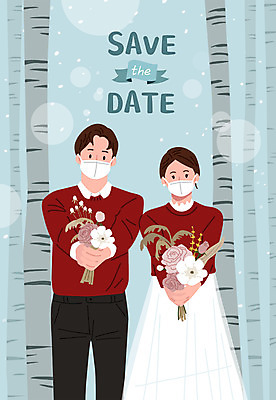 부부 커플 드레스 여자 남자 신부 부케 신랑 결혼 겨울 일러스트 마스크 들기 정장 턱시도 성인 두명 눈 스웨터 초대 자작나무 성인만 웨딩촬영 코로나바이러스 포스트코로나 위드코로나 국내일러스트 AI파일 자연요소 나무 옷 계절 꽃다발 상의 관계 모션 날씨 사람 이벤트 바이러스 사회이슈 기념사진 파일형식 벡터