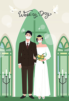 전신 부부 커플 여자 남자 신부 부케 신랑 결혼 일러스트 마스크 서기 들기 정장 턱시도 성인 두명 교회 화관 비둘기 초대 성인만 웨딩촬영 코로나바이러스 포스트코로나 위드코로나 국내일러스트 AI파일 옷 꽃 꽃다발 관계 종교건축 모션 조류 사람 이벤트 건물 바이러스 사회이슈 기념사진 파일형식 벡터