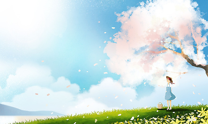 전신 PSD 구름 여자 꽃 어린이 하늘색 일러스트 하늘 한명 서기 소녀 초원 바구니 맑음 봄풍경 봄 벚나무 소녀한명만 국내일러스트 자연요소 나무 식물 1 계절 모션 날씨 사람 풍경 파란색 벚꽃 여자한명만 소녀만 파일형식