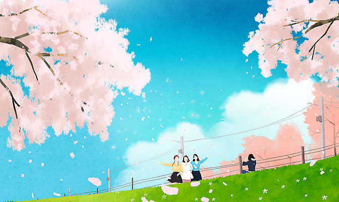 전신 PSD 구름 여자 어린이 일러스트 하늘 서기 앉기 소녀 여러명 친구 울타리 소풍 맑음 봄풍경 봄 벚꽃 벚나무 봄소풍 소녀만 단체사진 국내일러스트 자연요소 나무 계절 꽃 다수 관계 모션 날씨 사람 풍경 담장 야외활동 기념사진 여자만 어린이만 파일형식