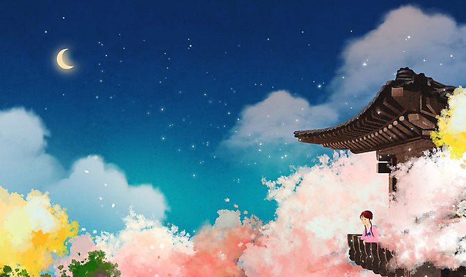 PSD 나무 구름 여자 별 어린이 일러스트 밤하늘 한옥 한명 소녀 상반신 건물 맑음 봄풍경 봄 달 한복 남색 소녀한명만 국내일러스트 자연요소 식물 1 한국전통 건축물 계절 컬러 고건축 하늘 날씨 사람 풍경 야간 전통의상 여자한명만 소녀만 파일형식