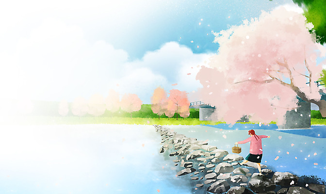 전신 PSD 나무 구름 여자 어린이 일러스트 하늘 한명 소녀 걷기 맑음 봄풍경 봄 벚꽃 벚나무 강가 돌다리 소녀한명만 국내일러스트 자연요소 식물 1 계절 꽃 모션 날씨 사람 풍경 강 다리_건축물 여자한명만 소녀만 파일형식