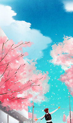 PSD 구름 학생 여자 어린이 가방 일러스트 하늘 한명 소녀 상반신 맑음 봄풍경 봄 벚꽃 벚나무 소녀한명만 국내일러스트 자연요소 나무 1 잡화 계절 꽃 날씨 사람 풍경 여자한명만 소녀만 파일형식