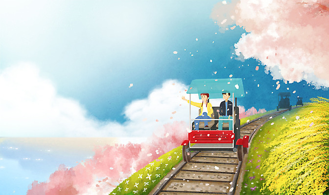 전신 PSD 나무 구름 커플 여자 남자 데이트 일러스트 하늘 앉기 성인 두명 맑음 봄풍경 봄 벚꽃 개나리 레일바이크 성인만 국내일러스트 자연요소 식물 계절 꽃 관계 모션 날씨 사람 풍경 바이크 파일형식