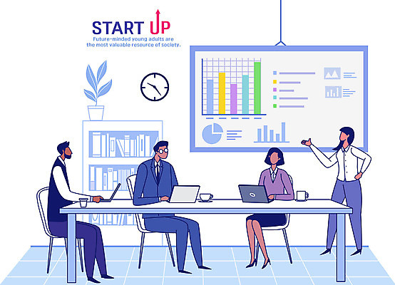 전신 여자 남자 하늘색 일러스트 회사 회의 그래프 서기 앉기 여러명 성인 노트북 업무 직장인 비즈니스맨 비즈니스우먼 창업 성인만 국내일러스트 AI파일 직업 다수 비즈니스 모션 사람 파란색 전자제품 작업 자영업 파일형식 벡터