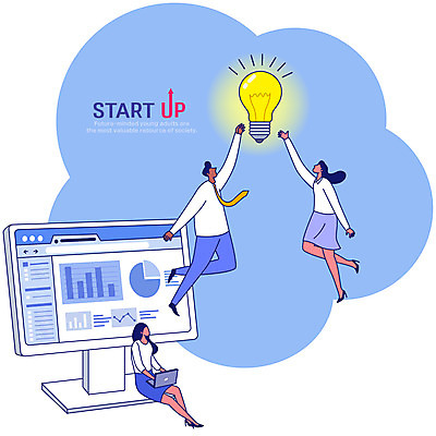 전신 여자 남자 일러스트 회사 전구 회의 그래프 아이디어 앉기 성인 세명 노트북 손들기 모니터 점프 업무 직장인 비즈니스맨 비즈니스우먼 창업 성인만 국내일러스트 AI파일 직업 컨셉 비즈니스 모션 사람 전자제품 컴퓨터 작업 자영업 파일형식 벡터