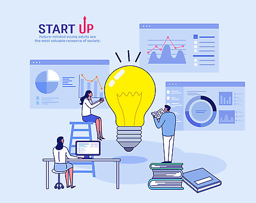 전신 여자 남자 일러스트 회사 전구 회의 그래프 아이디어 서기 앉기 성인 책 세명 업무 직장인 비즈니스맨 비즈니스우먼 창업 성인만 국내일러스트 AI파일 직업 컨셉 비즈니스 모션 사람 작업 자영업 파일형식 벡터