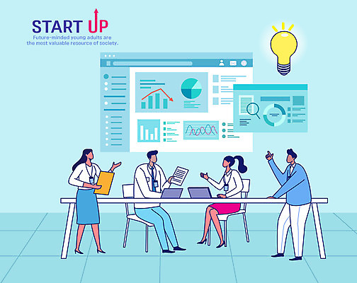 전신 여자 남자 일러스트 회사 전구 회의 그래프 아이디어 서기 들기 앉기 여러명 성인 노트북 잡기 업무 직장인 비즈니스맨 비즈니스우먼 문서 창업 민트색 성인만 국내일러스트 AI파일 직업 컬러 다수 컨셉 비즈니스 모션 사람 전자제품 작업 자영업 파일형식 벡터