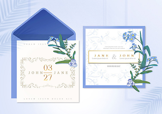 PSD 편집이미지 꽃 결혼 타이포그라피 사람없음 파란색 청첩장 초대장 이미지편집 식물 문자 컬러 카드_감사 이벤트 파일형식