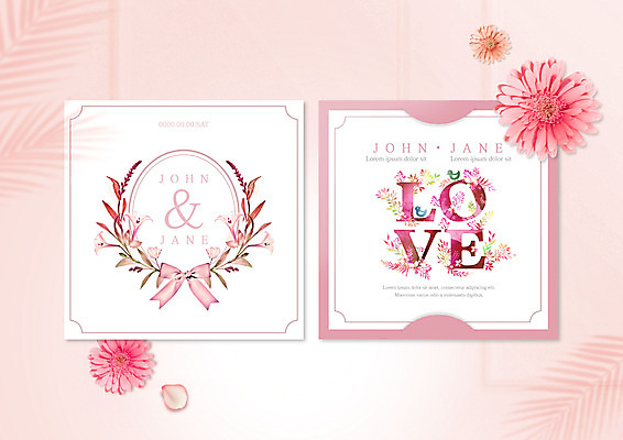 PSD 편집이미지 꽃 리본 분홍색 결혼 사랑 타이포그라피 사람없음 청첩장 초대장 이미지편집 식물 문자 감정 컬러 카드_감사 이벤트 파일형식