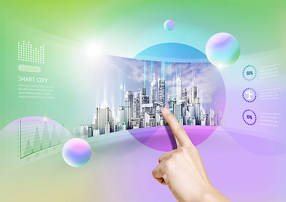 PSD 편집이미지 손 신체부위 연두색 빛 스크린 보라색 터치 도시 원형 스마트 이미지편집 도형 컬러 컨셉 사람 초록색 파일형식