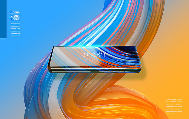 PSD 편집이미지 하늘색 곡선 사람없음 빛 스마트폰 스마트기기 반사 주황색 시간 스마트 이미지편집 선 컬러 컨셉 파란색 전자제품 핸드폰 파일형식