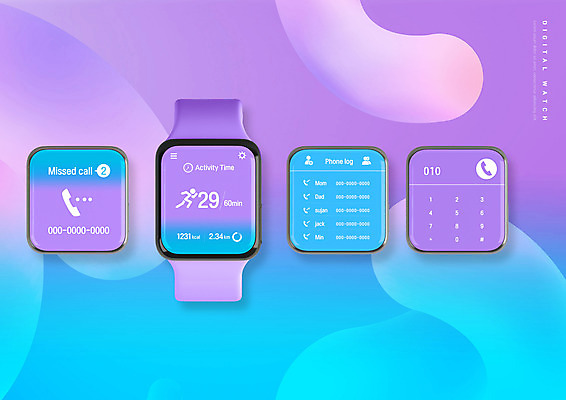 PSD 편집이미지 사람없음 스마트기기 보라색 스마트 통화 다이얼 전화번호 UI 연락처 스마트워치 이미지편집 컬러 컨셉 모션 전자제품 웨어러블 파일형식