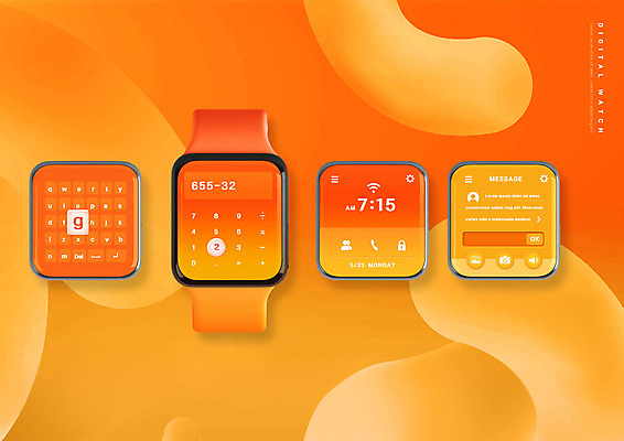 PSD 편집이미지 시계 사람없음 스마트기기 주황색 계산기 키보드 시간 스마트 UI 채팅 스마트워치 이미지편집 컬러 컨셉 문구용품 전자제품 장비 웨어러블 파일형식