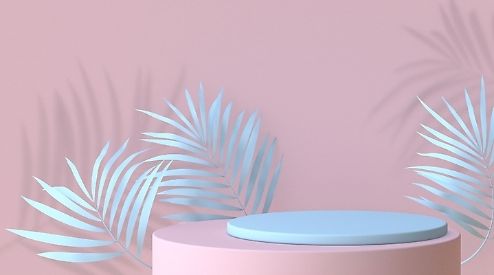 JPG 해외이미지 분홍색 하늘색 백그라운드 잎 그림자 사람없음 3D 원형 오브젝트 단상 입체도형 미니멀 해외포토 포토 도형 식물 컬러 파란색 입체 디지털합성 파일형식