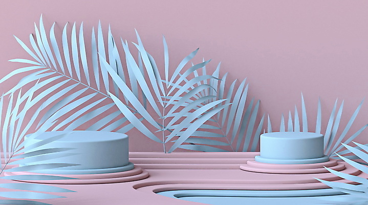 JPG 해외이미지 분홍색 하늘색 백그라운드 잎 사람없음 3D 원형 오브젝트 단상 입체도형 미니멀 해외포토 포토 도형 식물 컬러 파란색 입체 디지털합성 파일형식