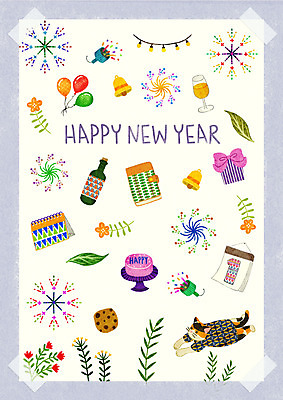 PSD 한마리 기념일 꽃 백그라운드 잎 일러스트 근하신년 새해 타이포그라피 사람없음 선물상자 다이어리 고양이 달력 와인병 샴페인잔 해피뉴이어 국내일러스트 식물 문자 1 술잔 포유류 병_용기 선물 이벤트 반려동물 상자 와인 사무용품 새해인사 파일형식