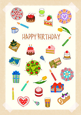 PSD 기념일 백그라운드 일러스트 촛불 디저트 타이포그라피 사람없음 컵 선물상자 케이크 튤립 생일 조각케이크 편지 생일축하 롤케이크 국내일러스트 문자 식기 꽃 음식 초 선물 이벤트 상자 축하 파일형식