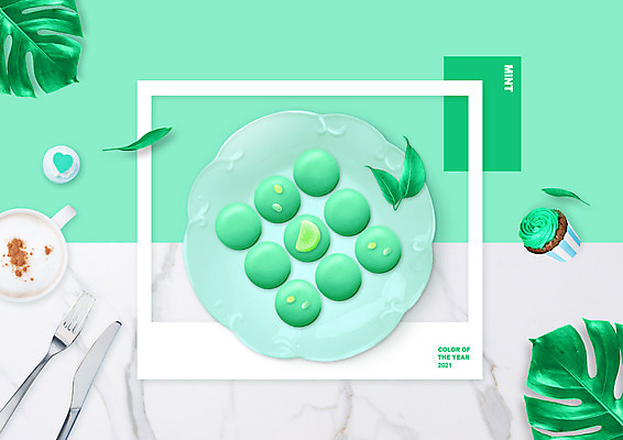 PSD 편집이미지 접시 컬러 포크 잎 사람없음 유행 머그컵 나이프 컵케이크 마카롱 민트색 2021년 이미지편집 식물 식기 디저트 컵 케이크 칼 연도 파일형식