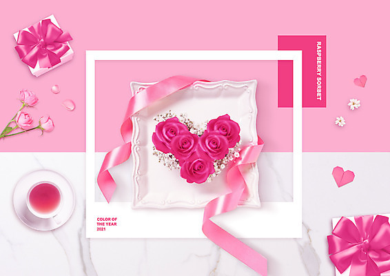 PSD 편집이미지 접시 리본 분홍색 컬러 사람없음 선물상자 장미 유행 차 찻잔 2021년 이미지편집 식기 꽃 음료 잔 선물 상자 연도 파일형식