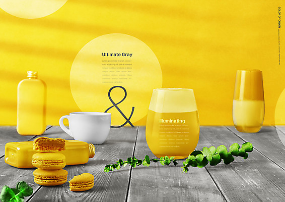 PSD 편집이미지 컬러 잎 잔 사람없음 노란색 유행 주스 회색 머그컵 병 나무바닥 마카롱 2021년 트렌드컬러 얼티메이트그레이 일루미네이팅 이미지편집 식물 식기 음료 디저트 바닥 컵 연도 파일형식 트랜드컬러