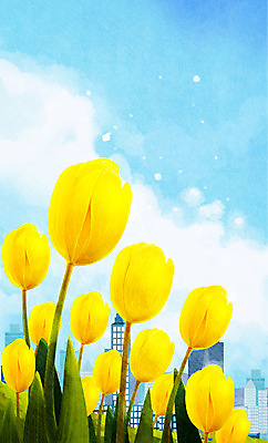 PSD 구름 일러스트 하늘 사람없음 노란색 봄풍경 봄 튤립 도시 국내일러스트 자연요소 계절 꽃 컬러 풍경 파일형식