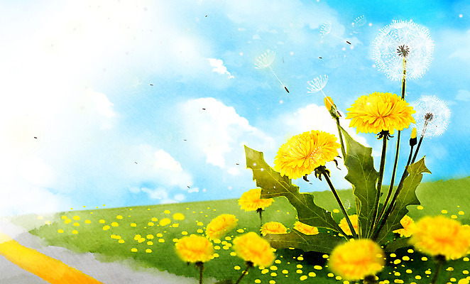 PSD 구름 일러스트 하늘 사람없음 노란색 봄풍경 봄 민들레 민들레홀씨 국내일러스트 자연요소 계절 꽃 컬러 풍경 파일형식