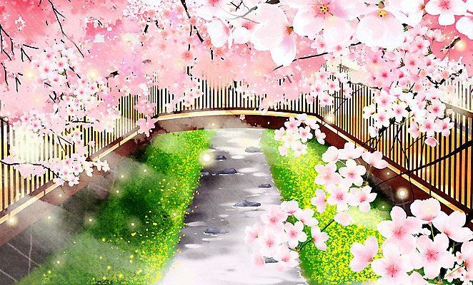 PSD 분홍색 일러스트 봄꽃 사람없음 봄풍경 봄 벚꽃 개울 가교 국내일러스트 건축물 계절 꽃 컬러 풍경 강 파일형식