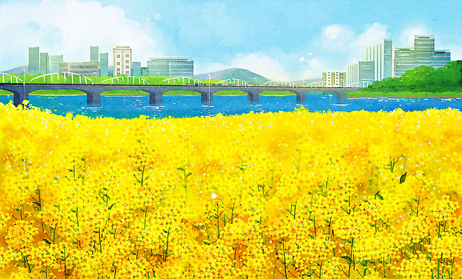 PSD 구름 일러스트 봄꽃 하늘 사람없음 건물 노란색 봄풍경 봄 유채 한강 가교 국내일러스트 자연요소 건축물 계절 꽃 컬러 서울 풍경 랜드마크 파일형식