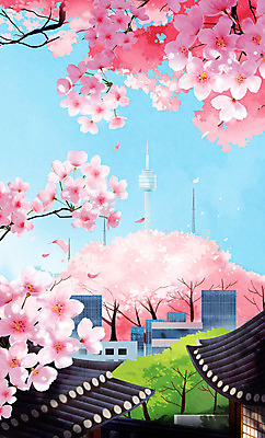 PSD 일러스트 봄꽃 하늘 한옥 사람없음 건물 봄풍경 봄 벚꽃 남산 남산타워 국내일러스트 한국전통 건축물 계절 꽃 고건축 서울 풍경 랜드마크 파일형식