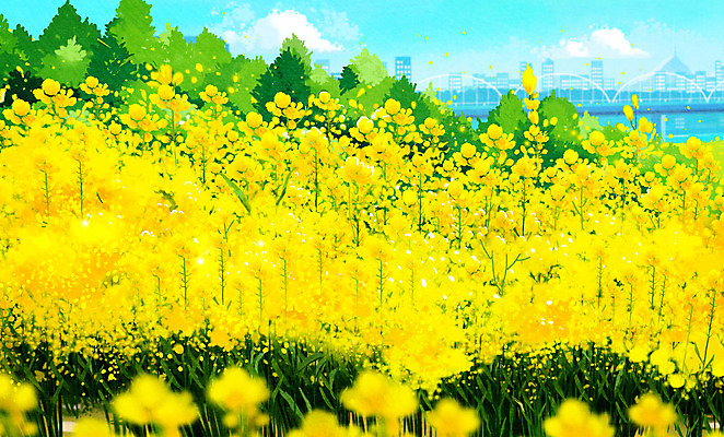 PSD 일러스트 봄꽃 사람없음 노란색 봄풍경 봄 유채 한강 국내일러스트 계절 꽃 컬러 서울 풍경 랜드마크 파일형식