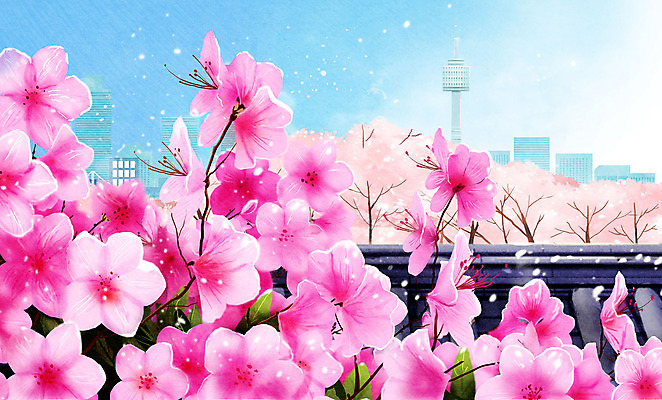 PSD 분홍색 일러스트 봄꽃 하늘 사람없음 봄풍경 봄 진달래 남산타워 국내일러스트 계절 꽃 컬러 풍경 남산 파일형식