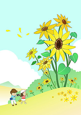 전신 PSD 구름 여자 남자 어린이 잎 일러스트 휴식 해바라기 서기 들기 소녀 소년 두명 소풍 사진촬영 풀숲 어린이만 국내일러스트 자연요소 식물 꽃 컨셉 모션 사람 야외활동 촬영 숲 파일형식