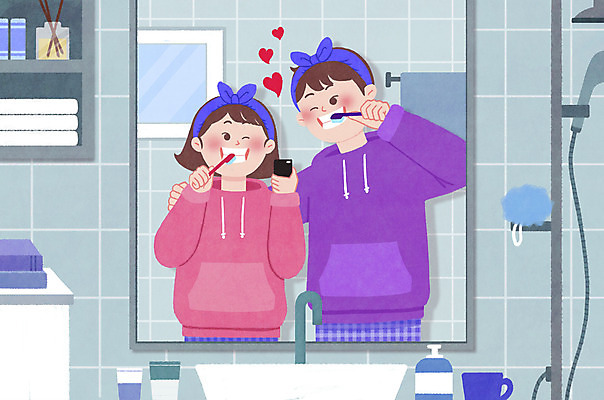 PSD 커플 여자 남자 하늘색 데이트 일러스트 집안 윙크 들기 성인 두명 스마트폰 거울 양치 하트 머리띠 칫솔 화장실 성인만 어깨에손 집콕 국내일러스트 모양 장신구 관계 모션 실내 표정 사람 파란색 핸드폰 스마트기기 위생용품 청결 신조어 파일형식 앳홈라이프