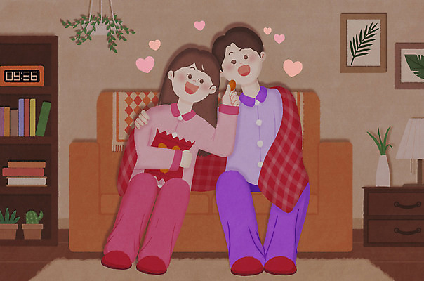 전신 PSD 커플 여자 남자 액자 거실 데이트 일러스트 집안 책장 선인장 들기 앉기 성인 두명 소파 과자 주황색 텔레비전 잠옷 하트 담요 티비시청 성인만 어깨에손 집콕 행잉플랜트 국내일러스트 모양 식물 옷 화분 컬러 가구 의자 관계 모션 디저트 실내 사람 전자제품 신조어 시청_보고들음 파일형식 앳홈라이프