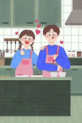 PSD 커플 여자 남자 데이트 일러스트 주방용품 집안 요리 서기 들기 상반신 성인 두명 초록색 주방 앞치마 하트 최고 환풍기 섞기 성인만 어깨에손 집콕 국내일러스트 모양 컬러 생활용품 관계 모션 실내 사람 장비 신조어 파일형식 앳홈라이프