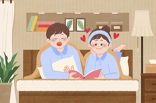 PSD 커플 여자 남자 화분 엎드리기 데이트 일러스트 집안 조명 상반신 성인 두명 책 독서 갈색 턱괴기 하트 침대 읽기 서랍장 안방 성인만 집콕 국내일러스트 모양 컬러 가구 관계 모션 실내 사람 신조어 파일형식 앳홈라이프