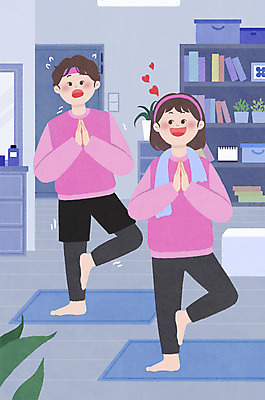 PSD 커플 여자 남자 거실 데이트 일러스트 요가 집안 성인 두명 파란색 운동 요가자세 매트 하트 손모으기 한발서기 성인만 홈트레이닝 집콕 국내일러스트 모양 웰빙 컬러 포즈 관계 실내 건강 서기 사람 손짓 신조어 파일형식 앳홈라이프