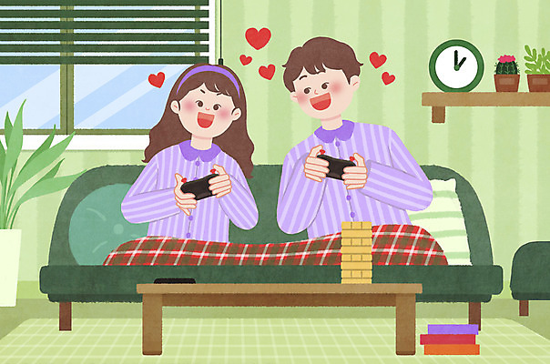 PSD 커플 여자 남자 거실 데이트 일러스트 창문 집안 들기 앉기 상반신 성인 두명 소파 잠옷 게임 하트 게임기 담요 젠가 녹색배경 성인만 집콕 국내일러스트 모양 옷 백그라운드 의자 관계 모션 놀이 실내 사람 초록색 놀이용품 신조어 파일형식 앳홈라이프