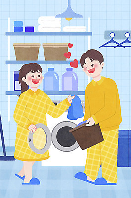 PSD 커플 여자 남자 하늘색 가사 데이트 일러스트 집안 들기 성인 두명 수건 하트 빨래 옷걸이 세탁기 세탁실 성인만 집콕 국내일러스트 모양 관계 모션 실내 사람 파란색 위생용품 가전제품 신조어 파일형식 앳홈라이프