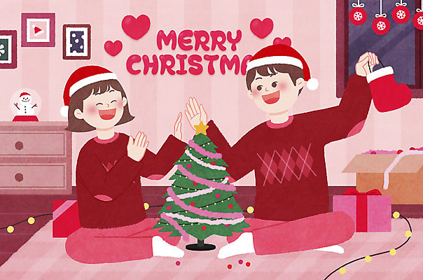 전신 PSD 커플 여자 남자 분홍색 크리스마스 데이트 일러스트 산타모자 집안 선물 들기 앉기 성인 두명 선물상자 크리스마스트리 하트 산타양말 홈파티 성인만 집콕 국내일러스트 모양 모자_잡화 기념일 컬러 관계 모션 실내 사람 상자 파티 신조어 파일형식 앳홈라이프
