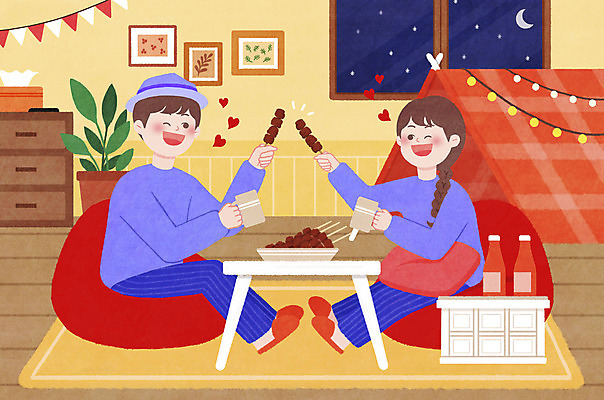 전신 PSD 커플 여자 남자 음료 액자 데이트 일러스트 창문 집안 텐트 윙크 들기 앉기 성인 두명 노란색 캠핑 하트 먹기 꼬치구이 가랜드 소스통 성인만 집콕 캠핑박스 홈캠핑 국내일러스트 모양 컬러 관계 모션 레저 실내 통 표정 캠핑도구 사람 소스_음식 꼬치 구이 파티용품 신조어 파일형식 앳홈라이프
