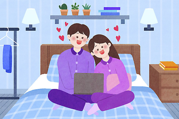 전신 PSD 커플 여자 남자 하늘색 데이트 일러스트 집안 앉기 성인 두명 노트북 잠옷 하트 옷걸이 영화 시청 안방 성인만 집콕 홈시네마 국내일러스트 모양 옷 관계 모션 문화예술 실내 사람 파란색 전자제품 신조어 관공서 파일형식 앳홈라이프