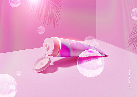 PSD 편집이미지 분홍색 나뭇잎 사람없음 빛 화장품 비눗방울 피부관리 스킨케어 기초화장 기초화장품 홀로그램 이미지편집 컬러 잎 화장 뷰티 파일형식