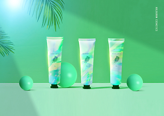 PSD 편집이미지 나뭇잎 사람없음 빛 화장품 원형 피부관리 스킨케어 기초화장 기초화장품 민트색 홀로그램 이미지편집 도형 컬러 잎 화장 뷰티 파일형식